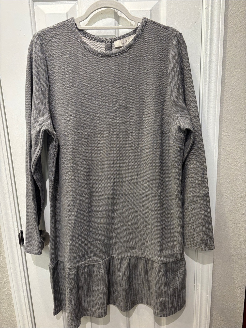 LOFT Heather Gray Long-Sleeve Midi Dress with Ruffle Hem